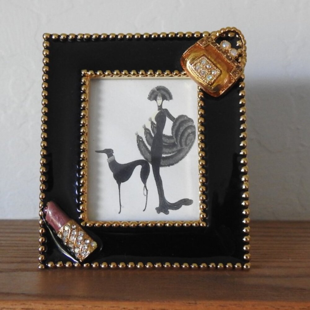 Vintage DSG Miniature Black Enamel Metal Picture Frame Tabletop Rhinestones 2"